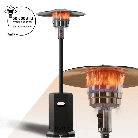 50000 BTU Propane Patio Heater with 20ft Heating Radius, Outdoor Heavy Duty Heater with Wheels & Adjustable Thermostat, Commercial & Residential Use, Freestanding Heater for Yard&Porch