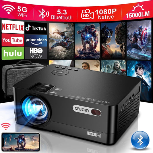 5G WiFi Bluetooth 15000LM Native 1080P Projector (Projector Screen Included), 300" Display Full HD Movie Projector, LCD Technology Support 4k Home Theater