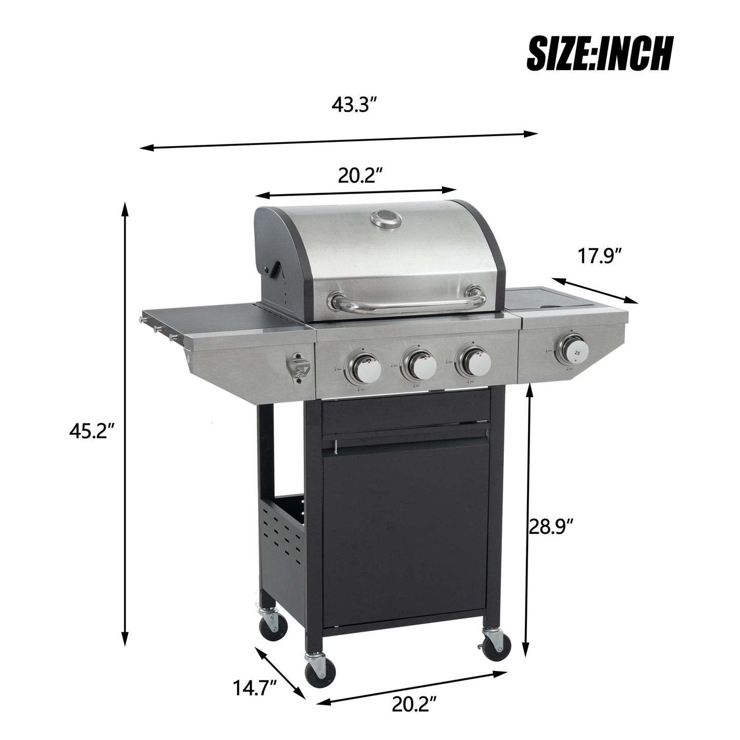 Syngar 3-Burner Propane Gas Grill, Stainless Steel BBQ Grill with Side Burner and Thermometer for Outdoor Party, Camping