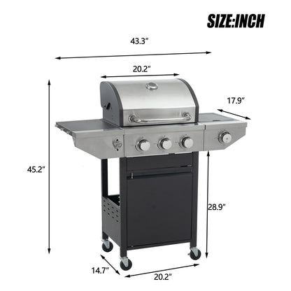 Syngar 3-Burner Propane Gas Grill, Stainless Steel BBQ Grill with Side Burner and Thermometer for Outdoor Party, Camping