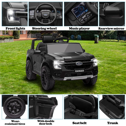 Ford Ranger Ride on Truck, 12V Powered Ride on Toy Cars with Remote Control, Bluetooth, MP3 Player, Safety Belt, LED Lights, Horn, Rear Wheels Drive Kids Electric Car for Boys Girls 3-6 Ages, Black