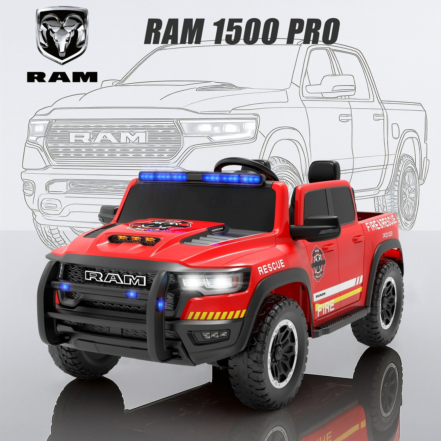 24V Kids Ride on Fire Truck, Licensed RAM 1500 2 Seater Ride on Car with Remote Control, Bluetooth, LED Lights, Trunk Storage, 4 Wheel Suspension, Ride on Toys for Big Kids Boys Girls Ages 3-8, Red