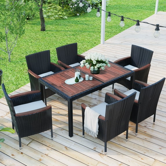 7 Piece Patio Furniture Set, Outdoor Dinning Table with 6 Chairs, All-Weather Rattan Furniture Outdoor Seating Sets for Backyards, Porches, Lawn, Glass-Top