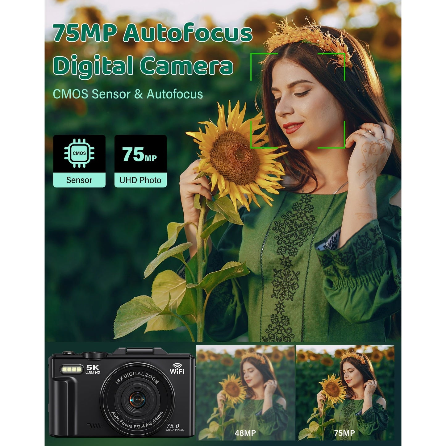 MARVUE Digital Camera 5K 75MP WiFi Vlogging Camera for Photography, 18x Zoom, Autofocus, Flip Screen with 32GB Card