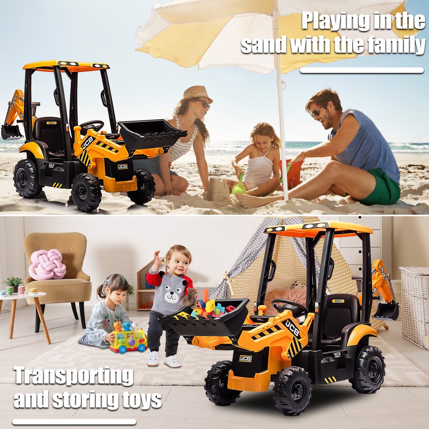 CASEMIOL 12V Kids Ride on Excavator & Bulldozer with Remote Control, Licensed JCB 3-in-1 Electric Car with Loader Backhoe Digger, Battery Powered Ride on Toy for Boys & Girls, Music Player, Yellow