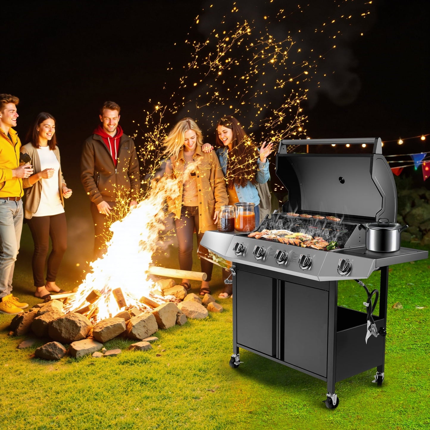 50000 BTU Gas Grills, SYNAGR Propane Grill with 566 sq.in Cooking Area, 5-Burner Stainless Steel BBQ Grill with Side Burner and Thermometer for Outdoor Party, Camping