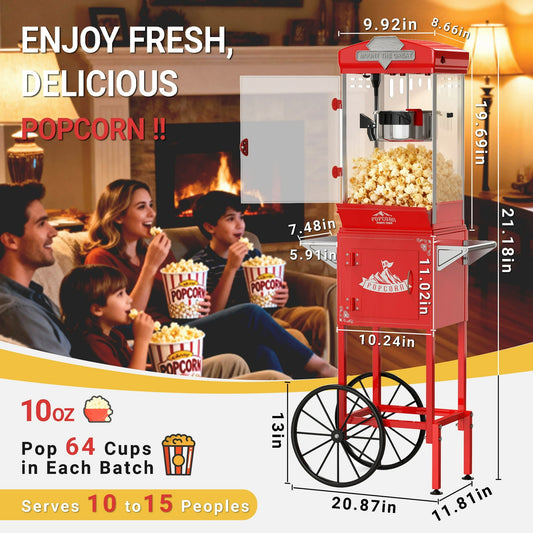 Enyopro 10 OZ Popcorn Machine, Vintage Popcorn Maker Machine with Cart, Makes up to 60 Cups, Removable Kettle for Easy Cleaning, Movie Theater Style, Gift for Christmas and Family, Retro Red