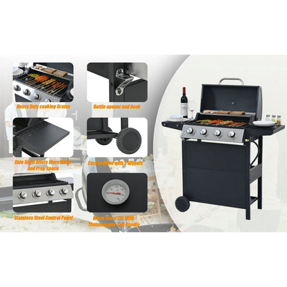 Syngar 4-Burner BBQ Propane Gas Grill with Thermometer & Grill Brush, 34000 BTU Garden Barbecue Grill with Two Foldable Shelves and Gas Regulator for Outdoor BBQ and Camping