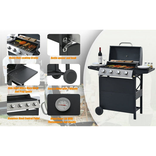 Syngar 4-Burner BBQ Propane Gas Grill with Thermometer & Grill Brush, 34000 BTU Garden Barbecue Grill with Two Foldable Shelves and Gas Regulator for Outdoor BBQ and Camping