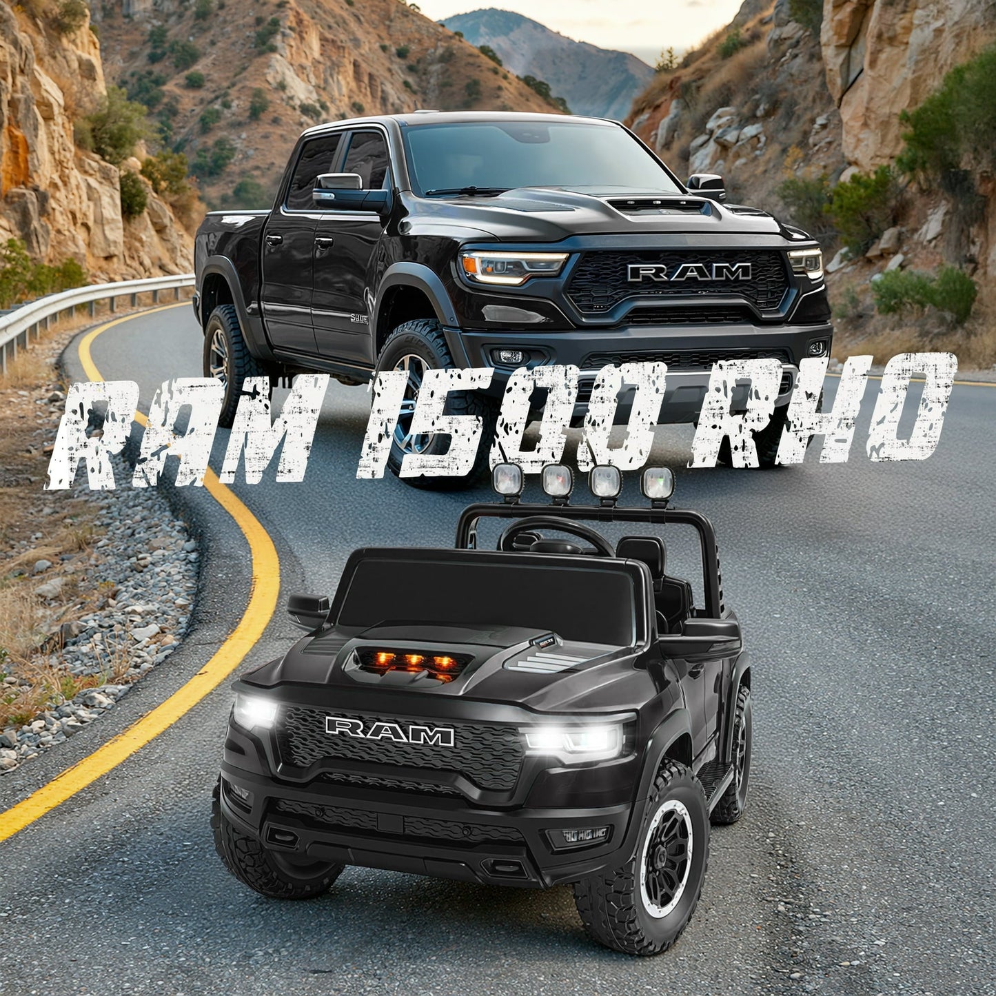 24V Ride On Car Toys with Remote Control, Licensed RAM 1500 Electric Car for Kids with 2 Seater, Power Ride On Truck with 4 Wheels Suspension, Bluetooth, MP3, Toddler Car for Boys Girls 3+, Black