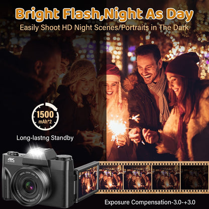 MARVUE Digital Camera for Youtube 4K 56MP Video Vlogging Camcorder with 32GB SD Card and 2 Batteries