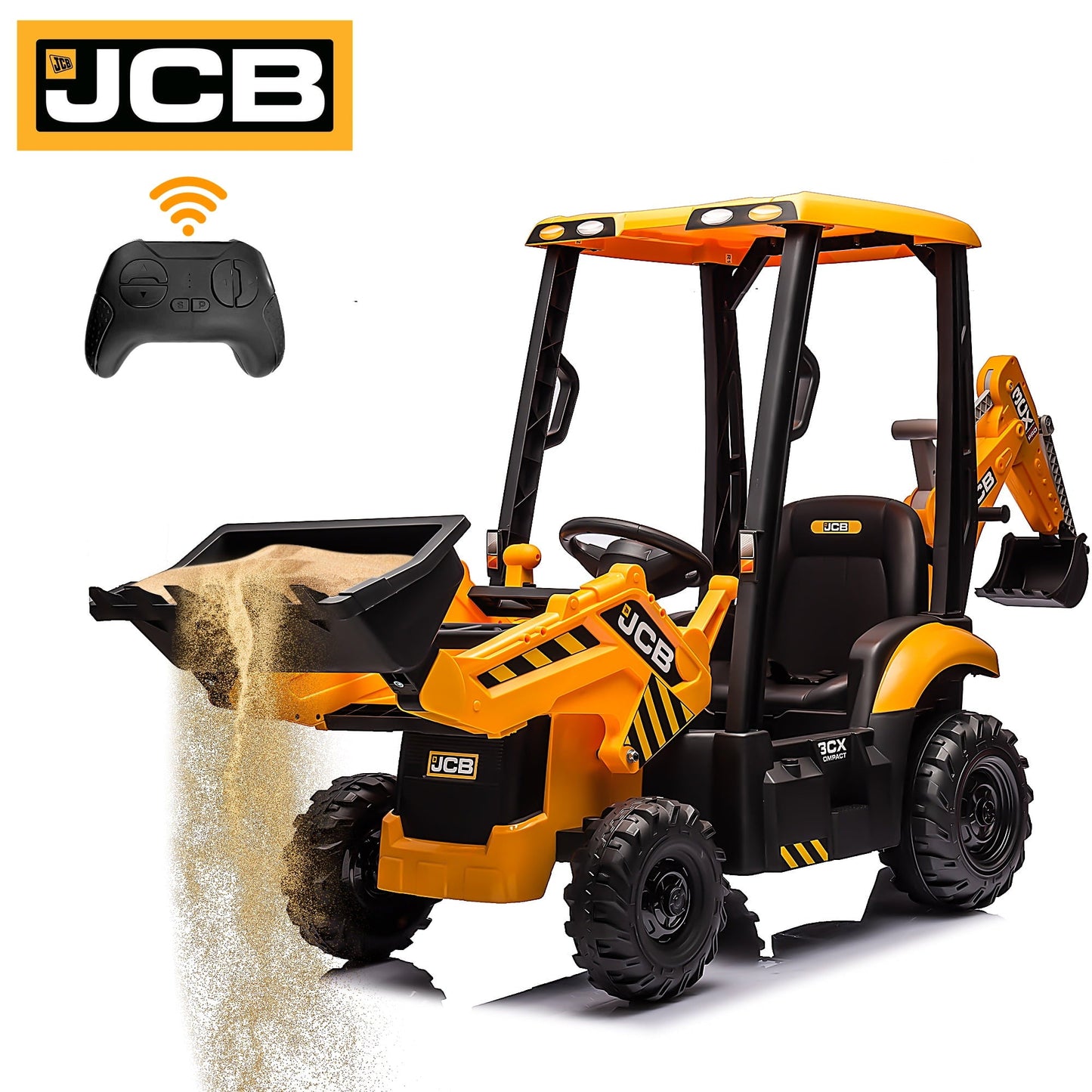 CASEMIOL 12V Kids Ride on Excavator & Bulldozer with Remote Control, Licensed JCB 3-in-1 Electric Car with Loader Backhoe Digger, Battery Powered Ride on Toy for Boys & Girls, Music Player, Yellow