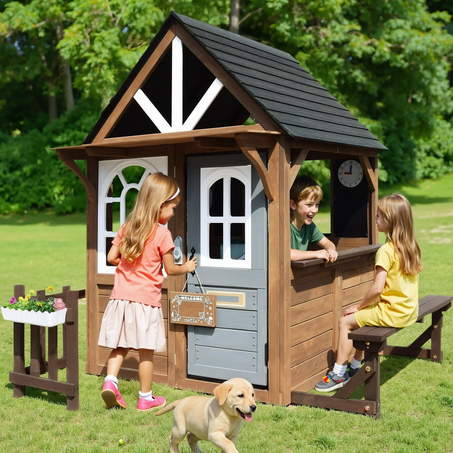 CASEMIOL Outdoor Playhouse for Kids, Wooden Playhouse Outside with Kitchen Playset, Snack Bar, Pet Access, Doorbell, Toy Phone, Large Outdoor Playset for Kids 3-6 Years, Brown+Gray