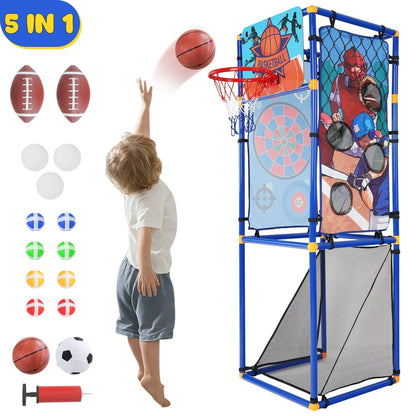 Arcade Basketball Game Set for Kids, 5 in 1 Kids Sports Playset, Soccer Goal, Toss & Ball Games, Indoor Outdoor Basketball Hoop Arcade Kids Toy with Football & Hockey Sticks, Sports Toy Gift for kid
