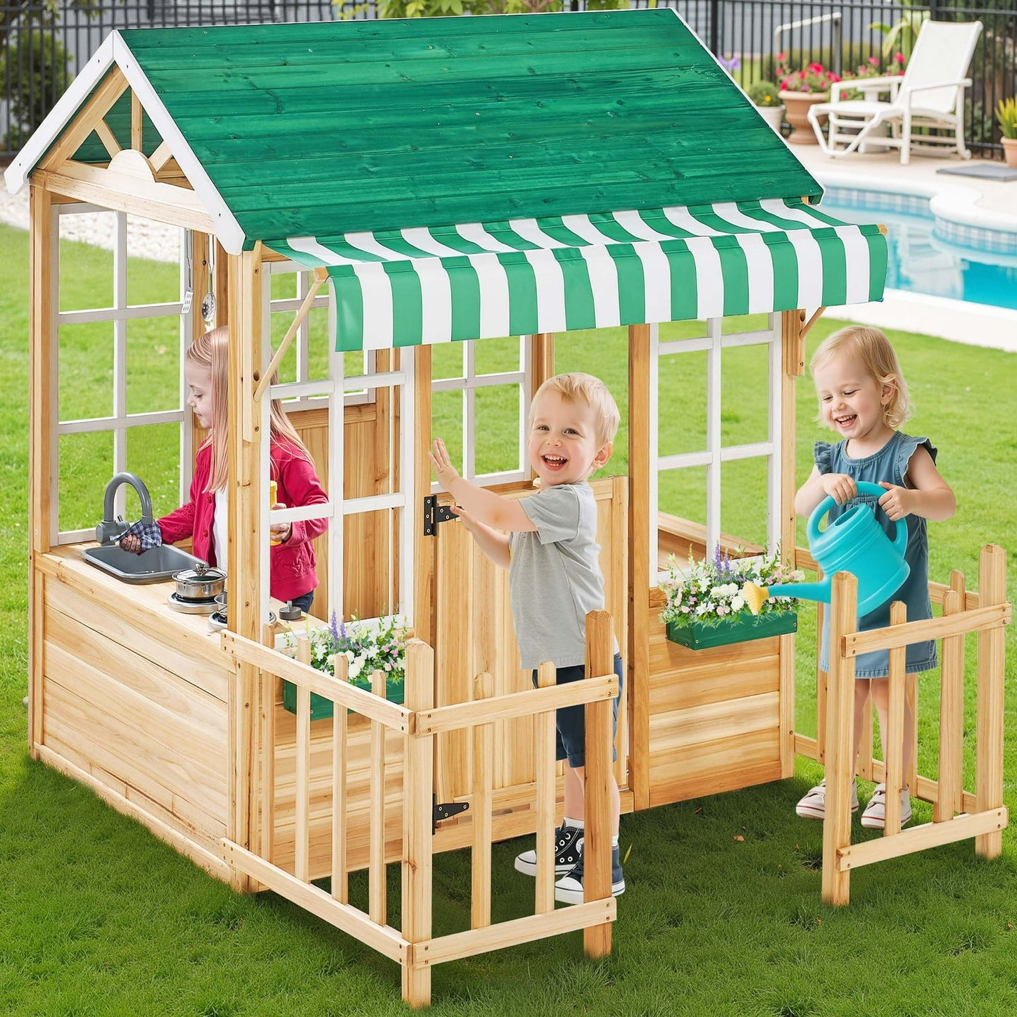 COCLUB Outdoor Wooden Playhouse for Kids Ages 4-8 – Durable Playhouse with Outdoor Kitchen, Snack-Bar & Gardening Kit, Fence (49.5"x62.3"x52.8") | Casa Para Niños de Jardín