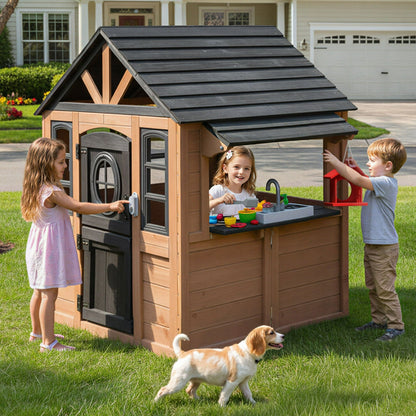 COCLUB Kids Outdoor Playhouse, Wooden Playhouse with Play Kitchen, Working Doorbell, Bird Cage, Pet Door, Backyard Casa de CampañA Para NiñOs Country Style