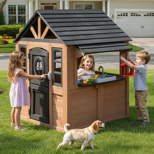 COCLUB Kids Outdoor Playhouse, Wooden Playhouse with Play Kitchen, Working Doorbell, Bird Cage, Pet Door, Backyard Casa de CampañA Para NiñOs Country Style
