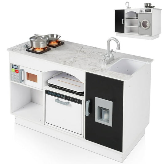 COCLUB Modern Wooden Play Kitchen Island for Kids, Pretend Play Center w/ Electronic Light & Sound Effects, Kids Kitchen Playset | Microwave, Washer, Ice Maker, Chalkboard & Accessories Included