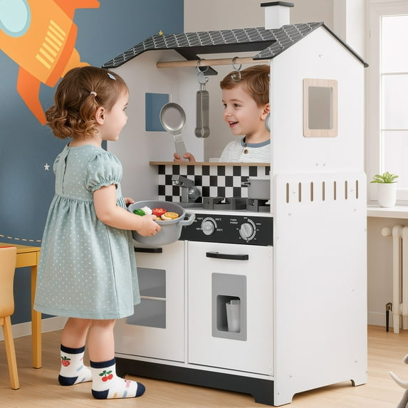 COCLUB 2-in-1 Wooden Play Kitchen & Laundry Center, Kids Kitchen Playset with Realistic Accessories for Pretend Play & Fine Motor Skills, Gift for 3-5 Year Olds