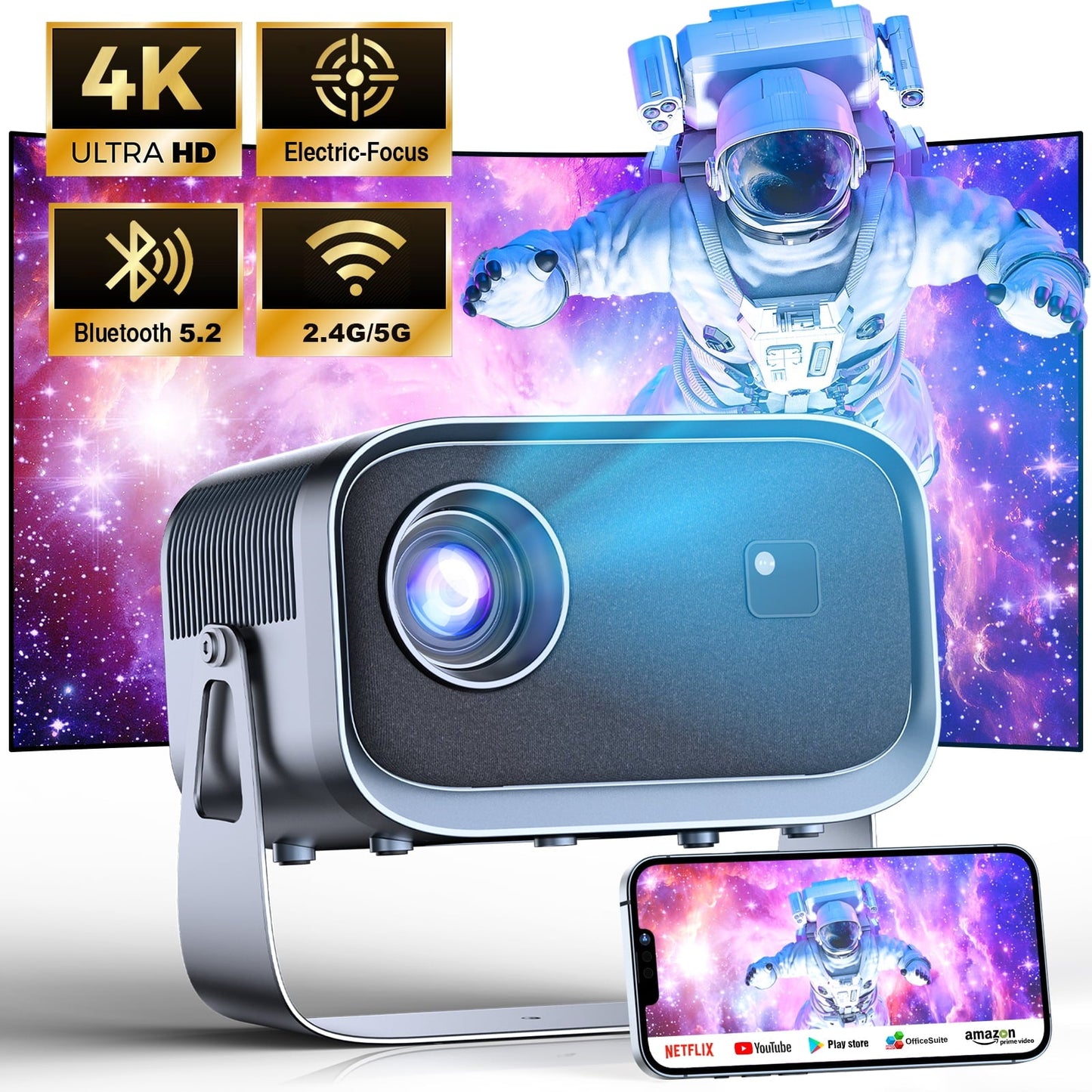 [Electric-Focus] Losei 5G/2.4G WiFi Bluetooth Projector,4K Support Native 1080P,300''Display Screen for Home Theater & Outdoor Movies Projector Compatible with iOS/Android