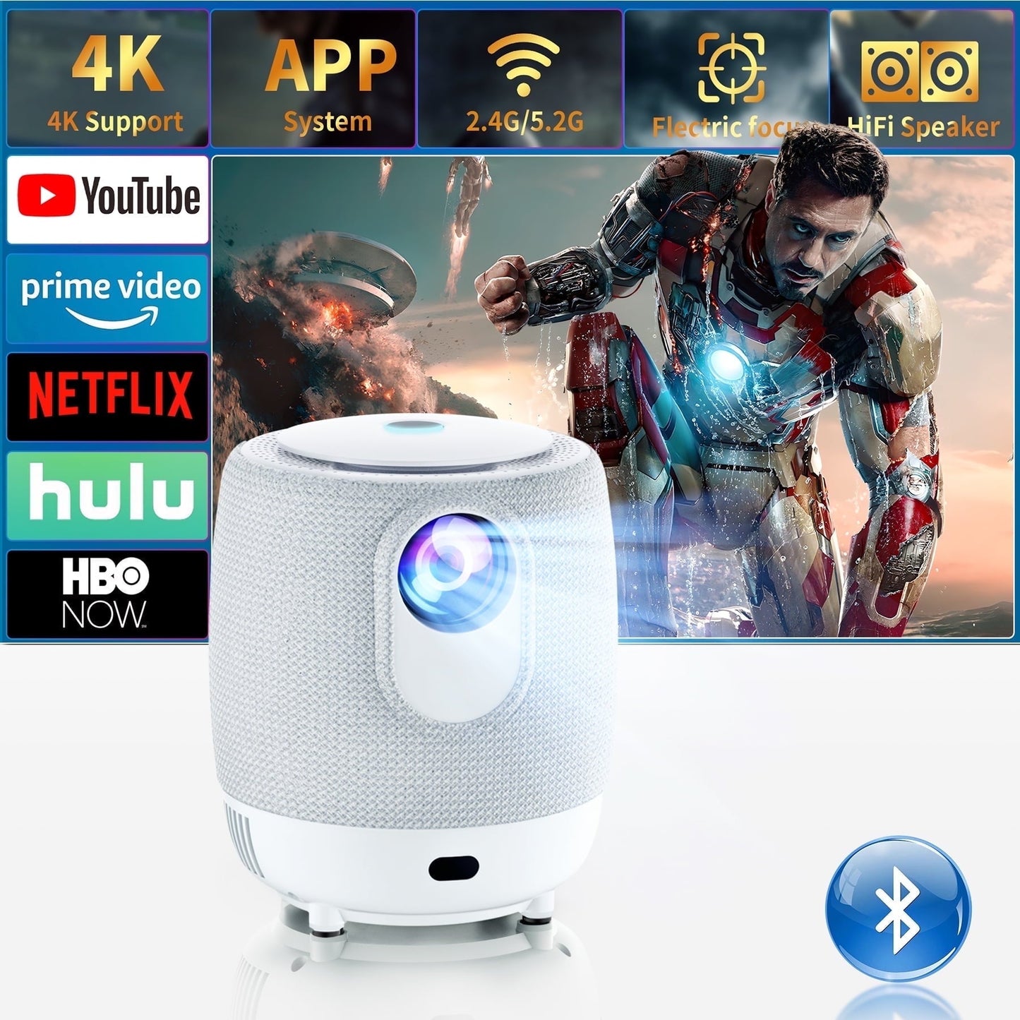 [Electric-Focus] Losei H9 Projector 4K Support with WiFi 6 and Bluetooth,187''Display Compatible with TV Stick/Smartphone/HDMI/USB, Indoor & Outdoor Use