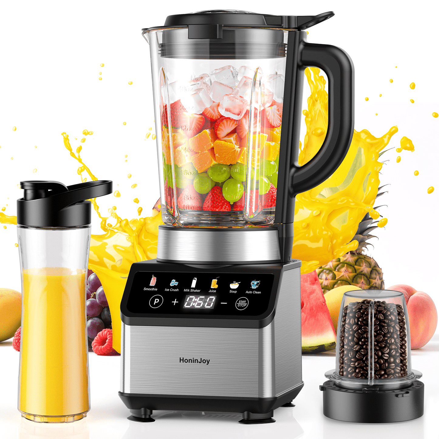 HoninJoy 3-in-1 Countertop Blender for Kitchen, 51oz. Jar 10 Speeds 6 Preset Programs, 20oz Travel Cup, Grinder Cup for Smoothies, Shake, Ice Crushing