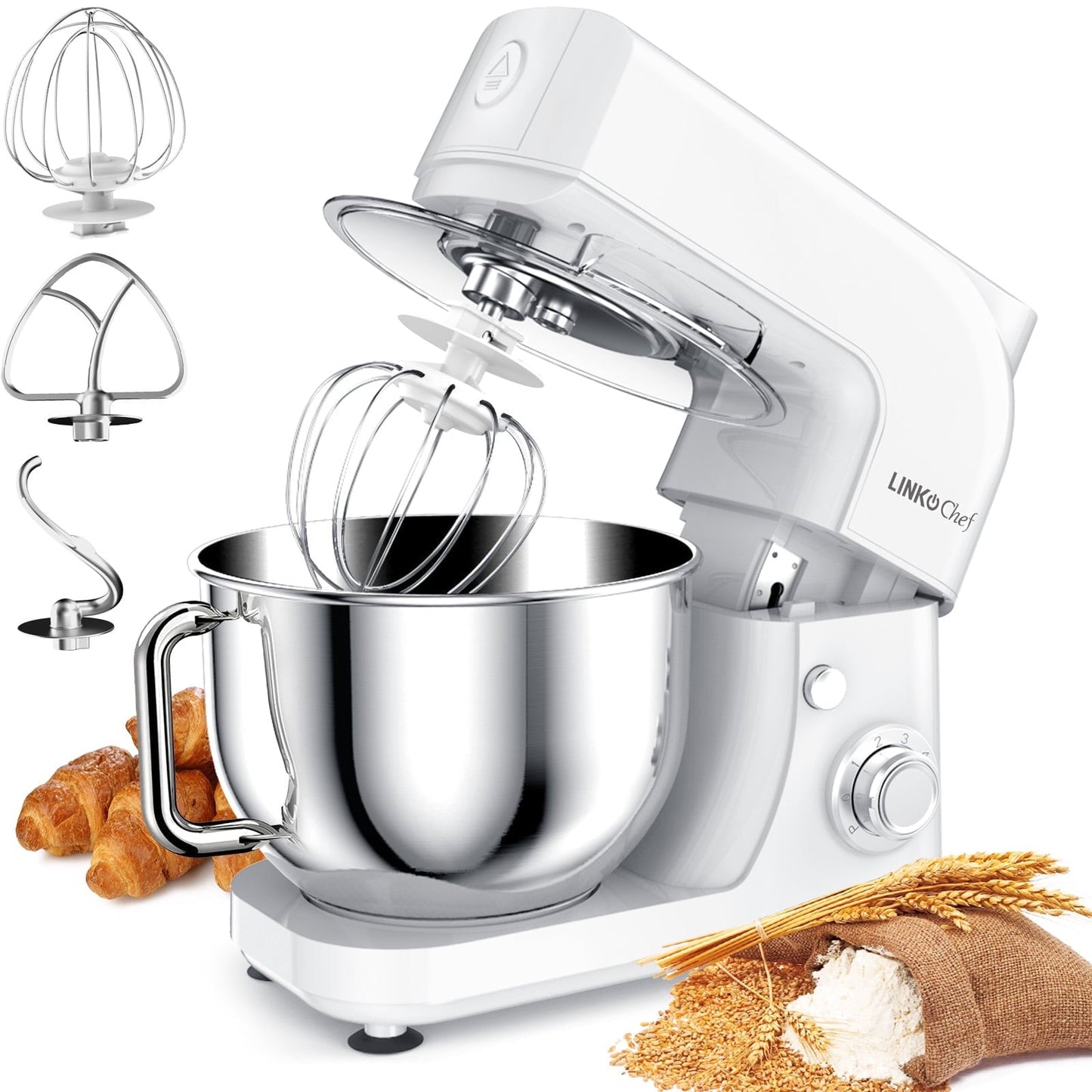 LINKChef Stand Mixer, 5.3QT 800W 6+P Speeds with Whisk, Dough Hook and Beater (White)
