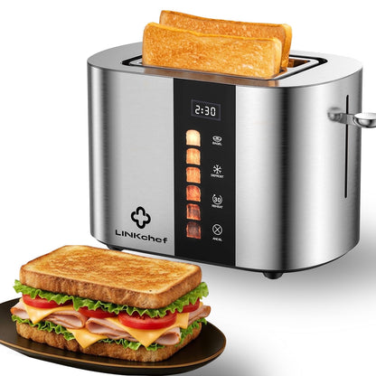 LINKChef 2 Slice Toaster, Extra-Wide 1.5" Slots, Touch Screen Control | Stainless Steel, Bagel/Defrost/Reheat Functions