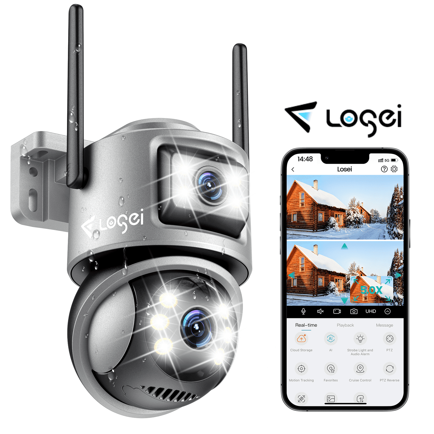 Losei Home Security 4K 8MP Outdoor Night Vision, Motion Detection,IP66 Weatherproof, Two-Way Audio Camera, Gray