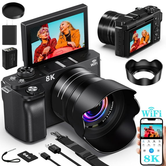 MARVUE 8K Digital Cameras for Photography WiFi Autofocus 88MP 18X Zoom Vlogging Camera for Youtube with 3" 180° Flip Screen, 64GB Card