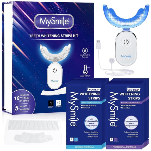 MySmile Hydroxyapatite Teeth Whitening Strips Kit with 28-LED Light, 28pcs White Strips Teeth Whitening Kit, Enamel-Safe, Residue-Free, Non-Sensitive Tooth Whitener, 14 Treatments