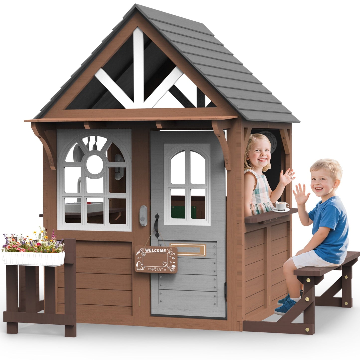 COCLUB Outdoor Playhouse, Wooden Playhouse for Kids Toddlers, Large Kids Playhouse with Bench/Fence/Kitchen/Door Nameplate/Pretend Phone, Girls Boys Outdoor Toy Gift for Ages 3+, (62.99"W* 67.32"L)