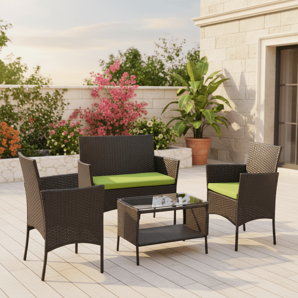 Enyopro 4-Piece Patio Furniture Set, with 2 Arm Chairs, Love Seat & Tempered Glass Coffee Table, Rattan Outdoor Conversation Chair Sets for Patio Porch Deck Balcony, Gray