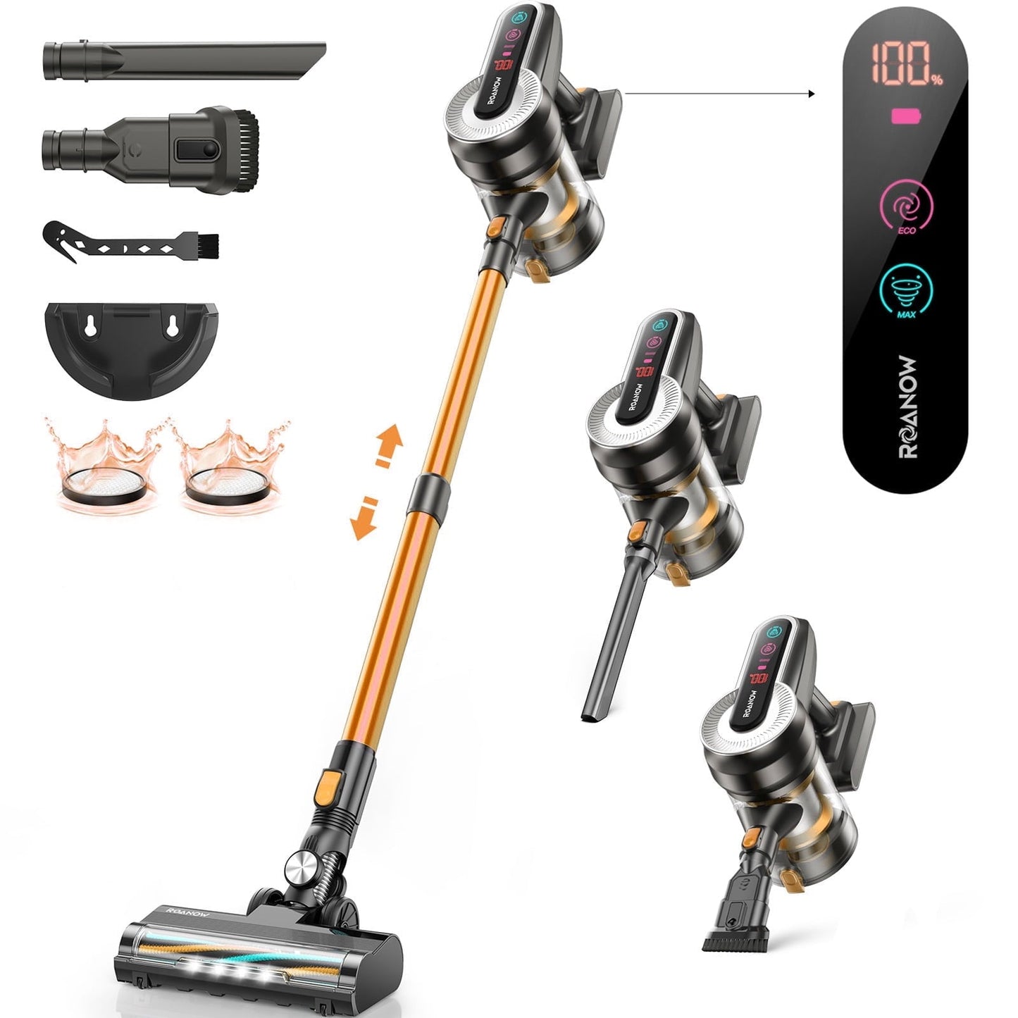 Roanow Cordless Vacuum Cleaner, 38KPA/450W/55Mins Rechargeable Stick Vacuum for Home Hardwood Floor Carpet Pet