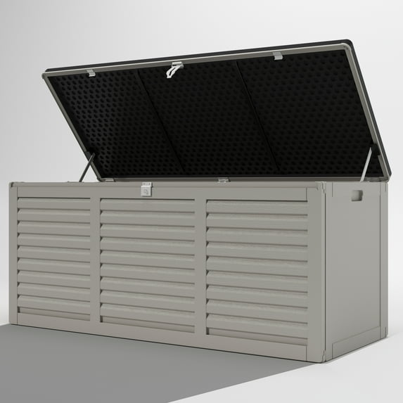 SYNGAR 130GAL Deck Box with 2 Handles & Metal Hydraulic, Large Resin Outdoor Storage Box, Gray