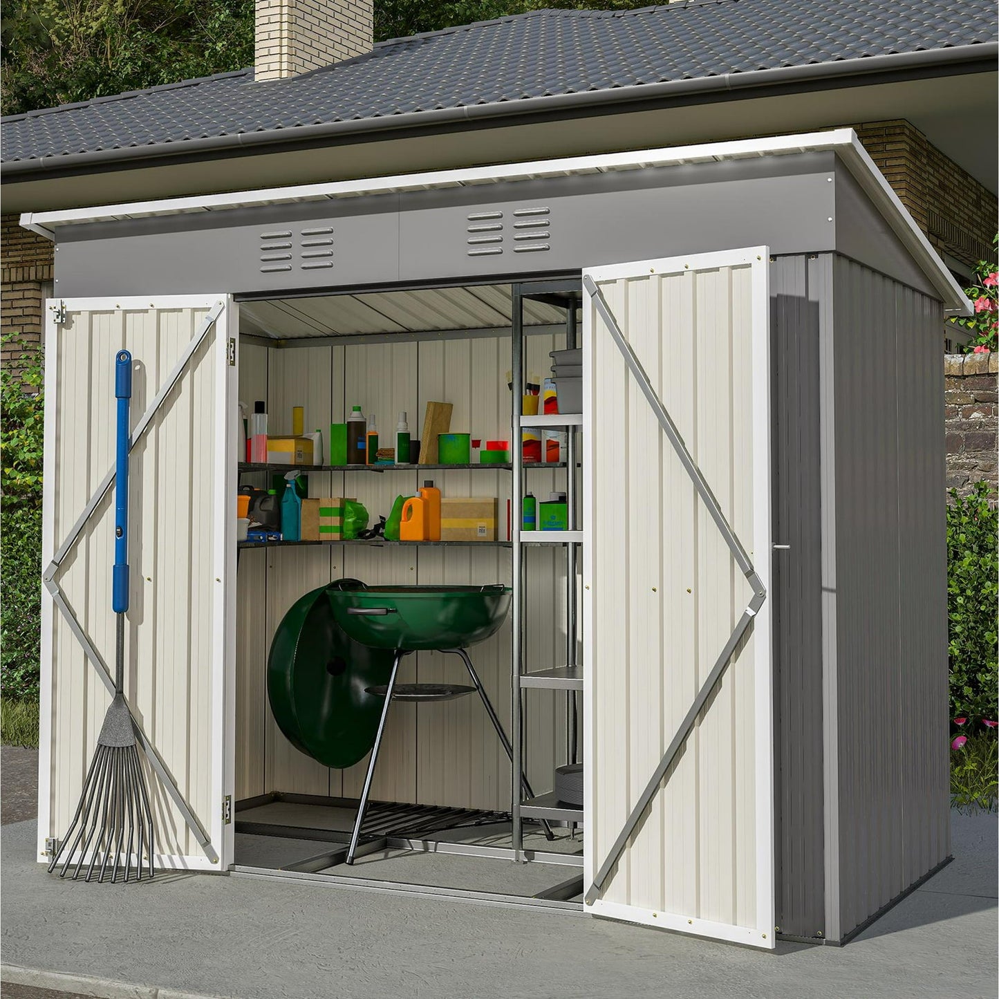 SYNGAR 8' x 4' Outdoor Metal Storage Shed, Tools Storage Shed, Galvanized Steel Garden Shed with Lockable Doors, Outdoor Storage Shed for Backyard, Patio, Lawn,