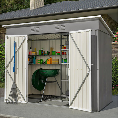 SYNGAR 8' x 4' Outdoor Metal Storage Shed, Tools Storage Shed, Galvanized Steel Garden Shed with Lockable Doors, Outdoor Storage Shed for Backyard, Patio, Lawn,
