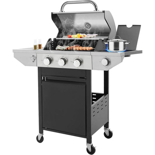 Syngar 3-Burner Propane Gas Grill, Stainless Steel BBQ Grill with Side Burner and Thermometer for Outdoor Party, Camping