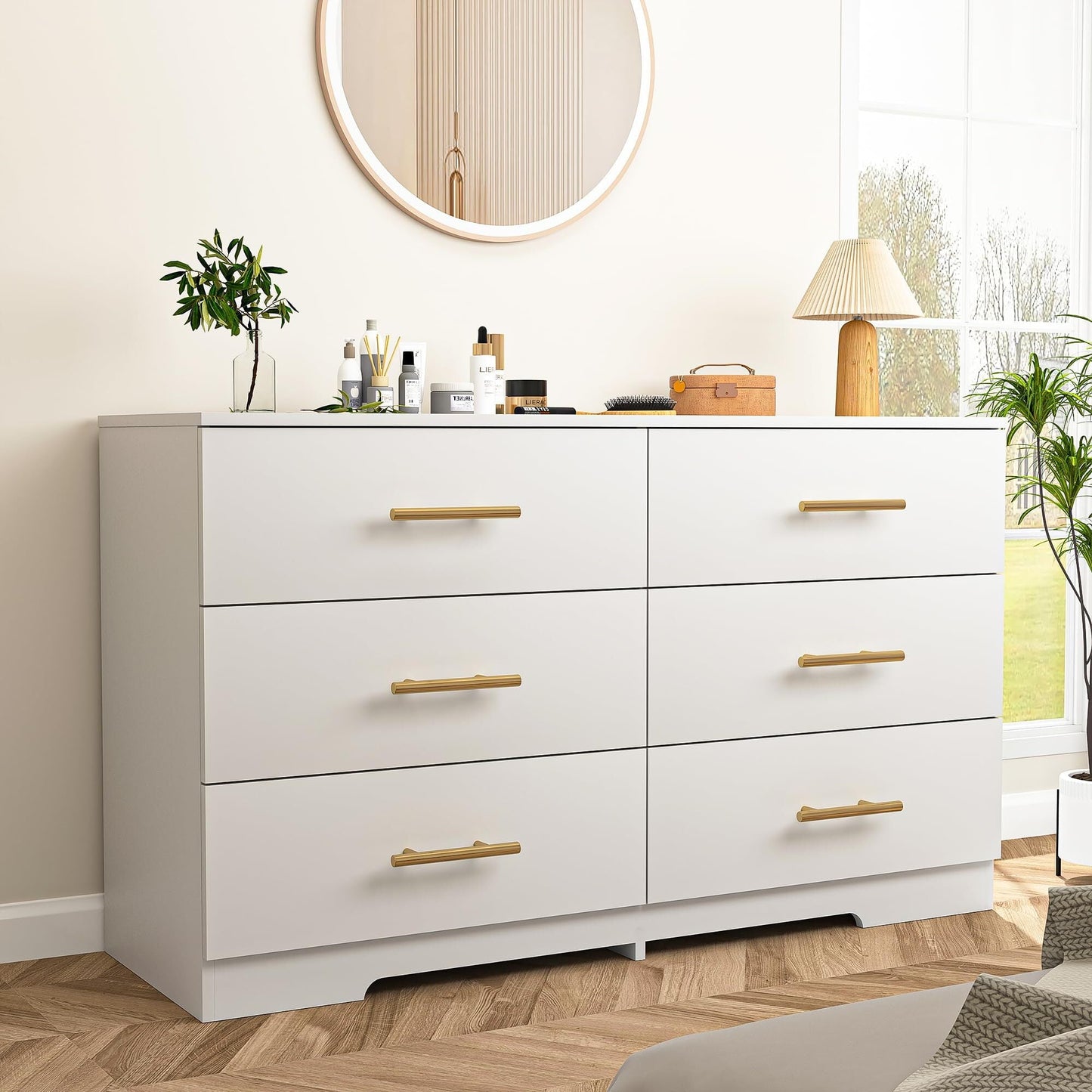 White 6 Drawer Dresser Organizer for Bedroom, Wood Large Storage Drawers, Modern Wide Chest of Drawers with Golden Handle for Living Room Entry Hallway Furniture