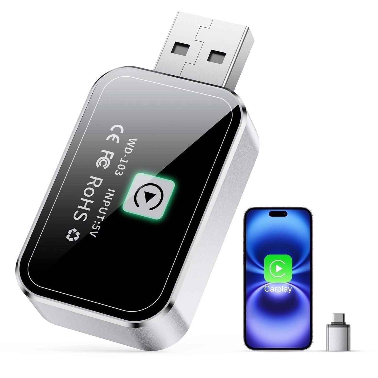 Muzpu Wireless CarPlay Adapter for iOS Cars - Plug & Play, Auto Connect, Fast Stable CarPlay, 5.8GHz WiFi BT 5.3, Upgrade Wired to Wireless -Black