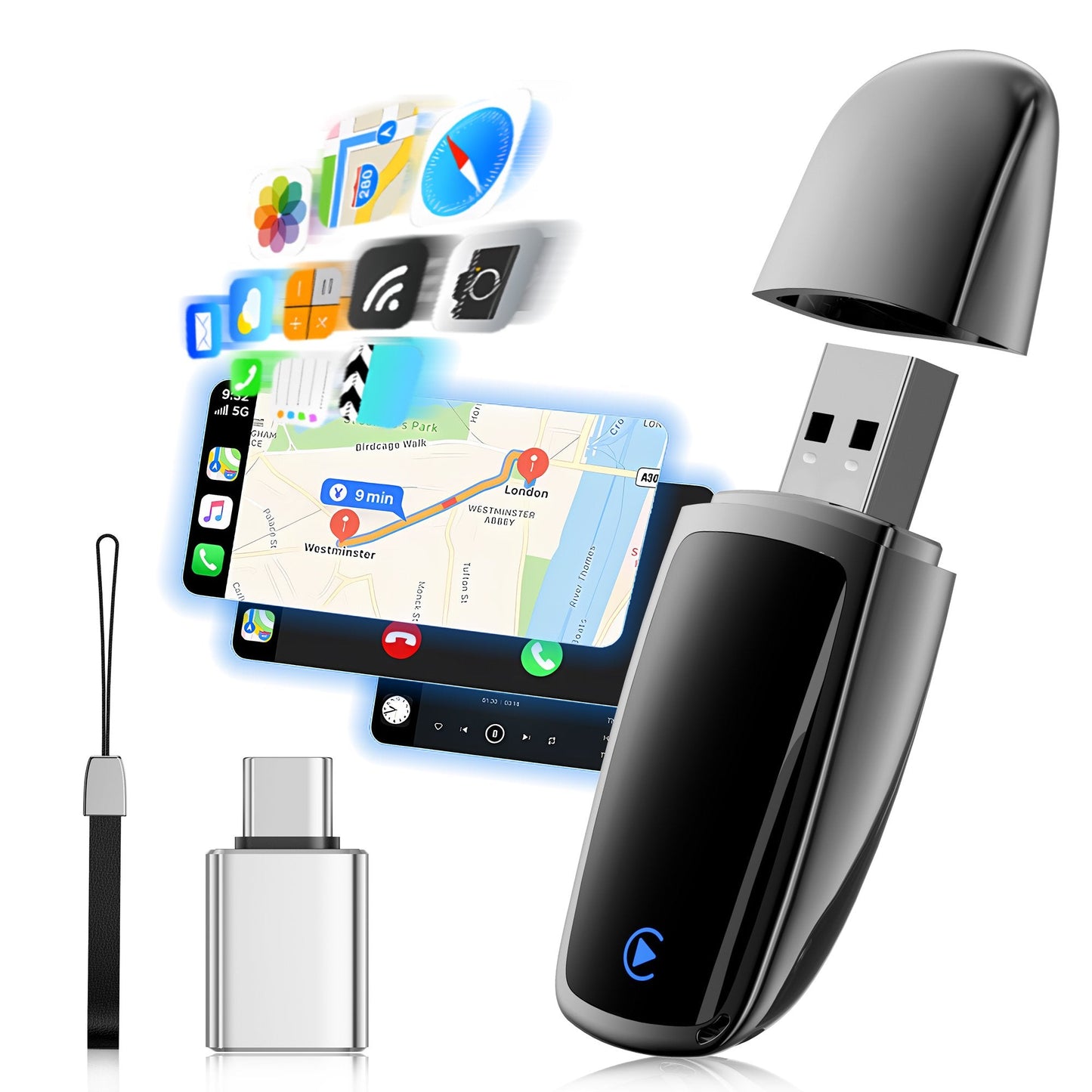 Wireless Carplay Adapter for iPhone 6+, Plug & Play Carplay Converter, Stable Control & No Delay, Auto Connect, Upgrade Wired to Wireless, Black