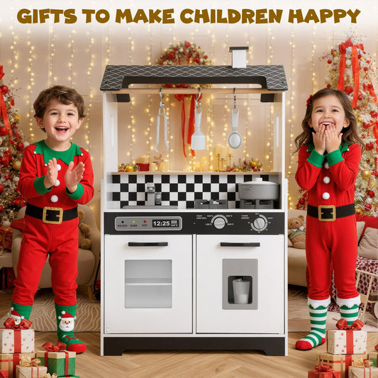 COCLUB 2-in-1 Wooden Play Kitchen & Laundry Center, Kids Kitchen Playset with Realistic Accessories for Pretend Play & Fine Motor Skills, Gift for 3-5 Year Olds