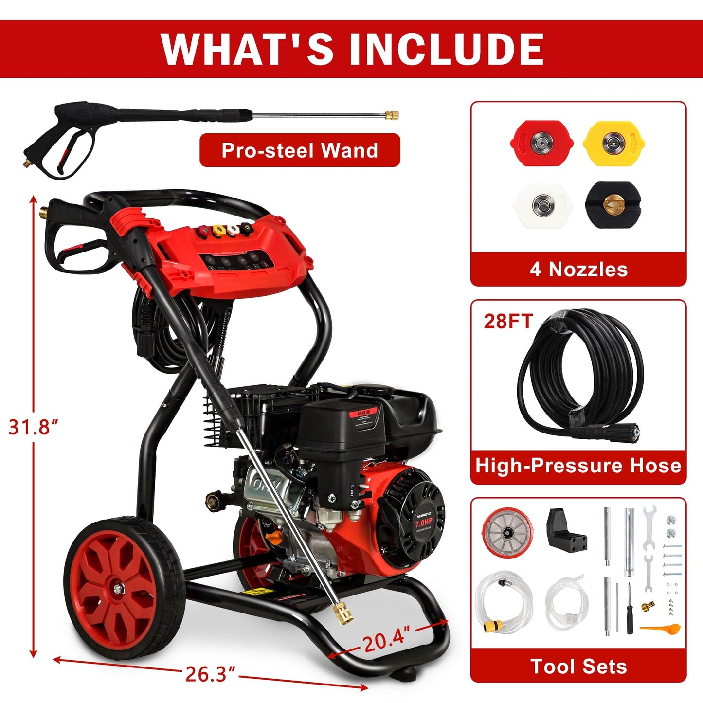 3500PSI Pressure Washer with 4 Nozzle, Portable Gas Pressure Washer for Patios, Cars, Fences, Driveways, 2.6GPM High-Power Washer with 28' High-Pressure Hose, Red & Black