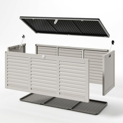 SYNGAR 130GAL Deck Box with 2 Handles & Metal Hydraulic, Large Resin Outdoor Storage Box, Gray