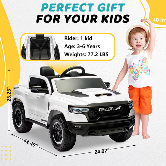 RAM 1500 Ride on Truck Cars, 12V Powered Ride on Toys with Remote Control, 4 Wheel Suspension Electric Cars for 3-5 Yrs Boy Girl W/Key Switch, Safety Belt, Music, Bluetooth, LED Lights, White