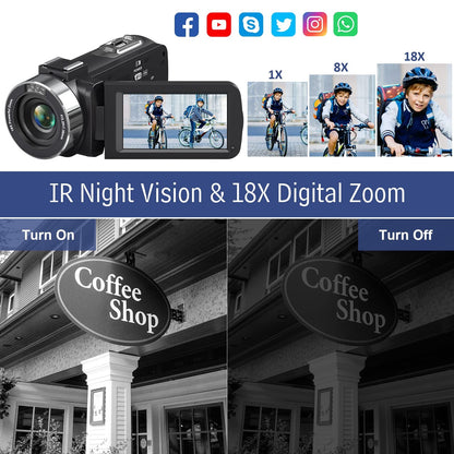 MARVUE Video Camera 4K UHD 80MP 18X Zoom IR Night Vision with 32GB SD Card