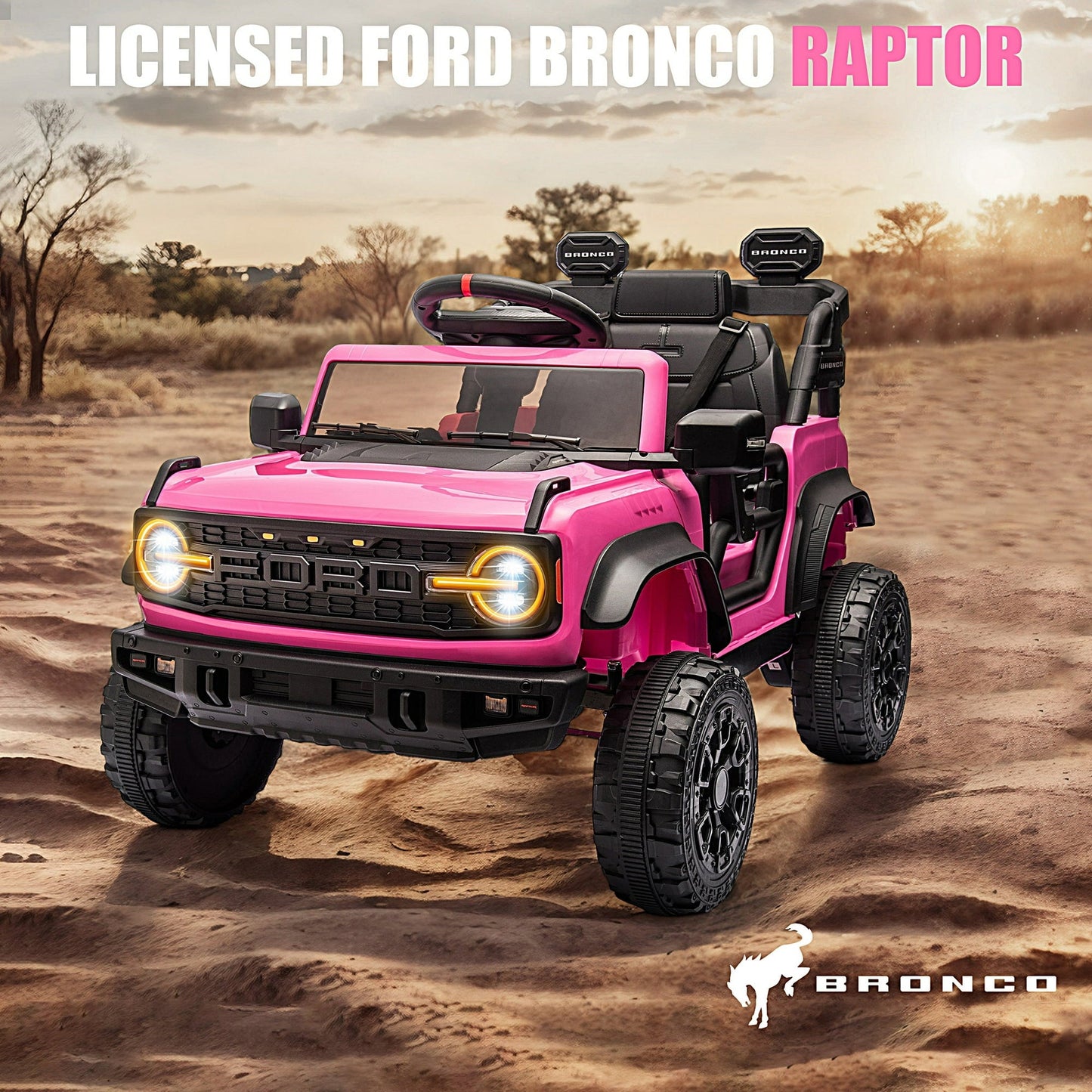 12V Powered Ride on Car, Ford Bronco Raptor Ride on Toys with Remote Control, Battery Powered Ride on Trucks with Bluetooth Music, LED Light, Kids Car Electric Vehicle for Boys Girls Gifts, Pink
