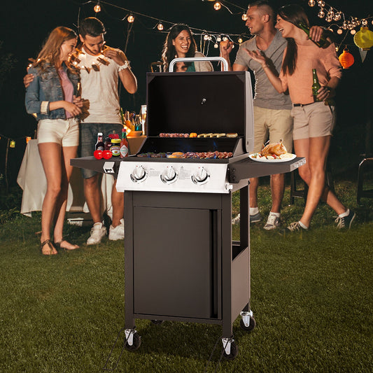 30000 BTU Gas Grill with 4 Universal Wheels, 3 Burners Outdoor BBQ Grill with Steel Brush & Thermometer for Outdoor Camping