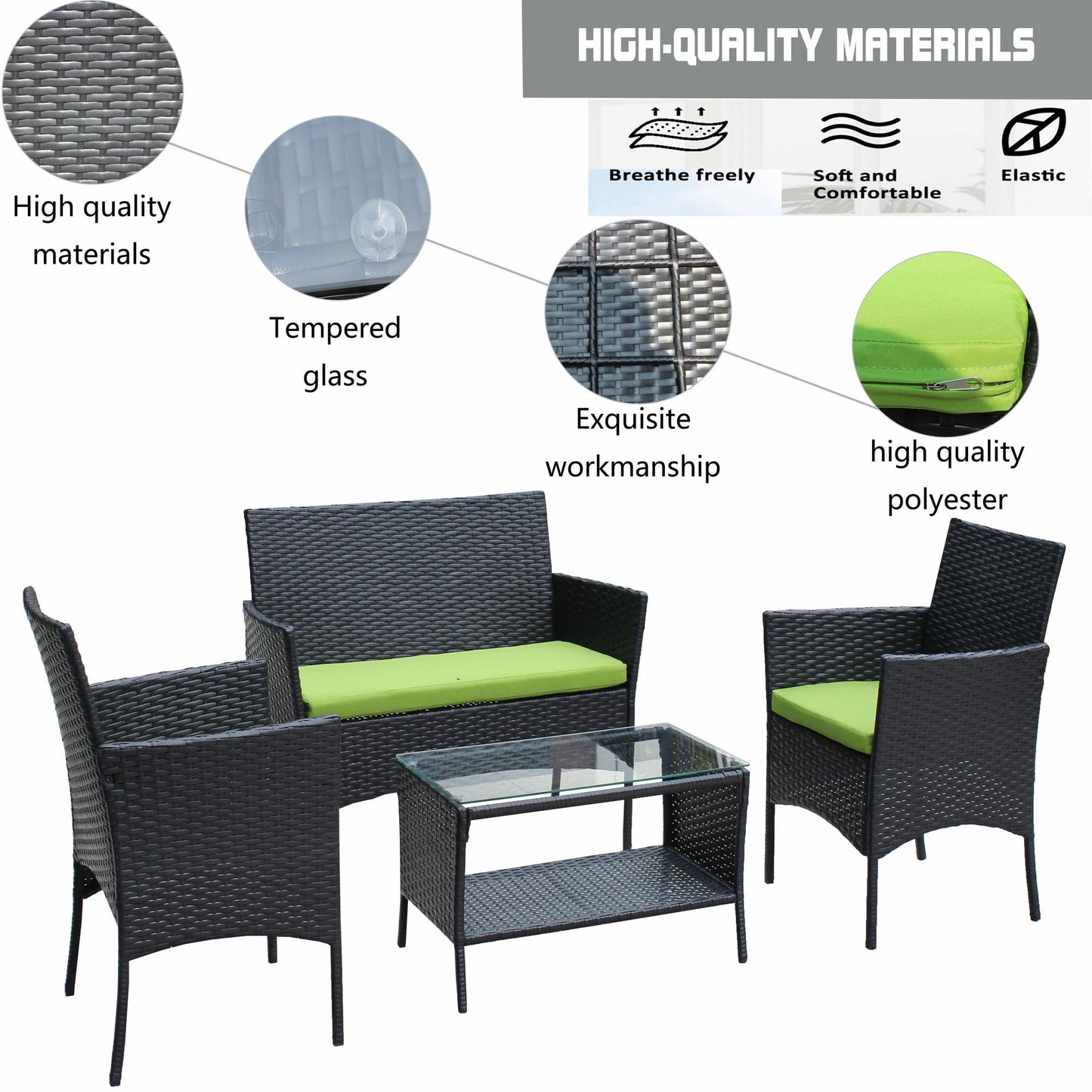 Enyopro 4-Piece Patio Furniture Set, with 2 Arm Chairs, Love Seat & Tempered Glass Coffee Table, Rattan Outdoor Conversation Chair Sets for Patio Porch Deck Balcony, Gray