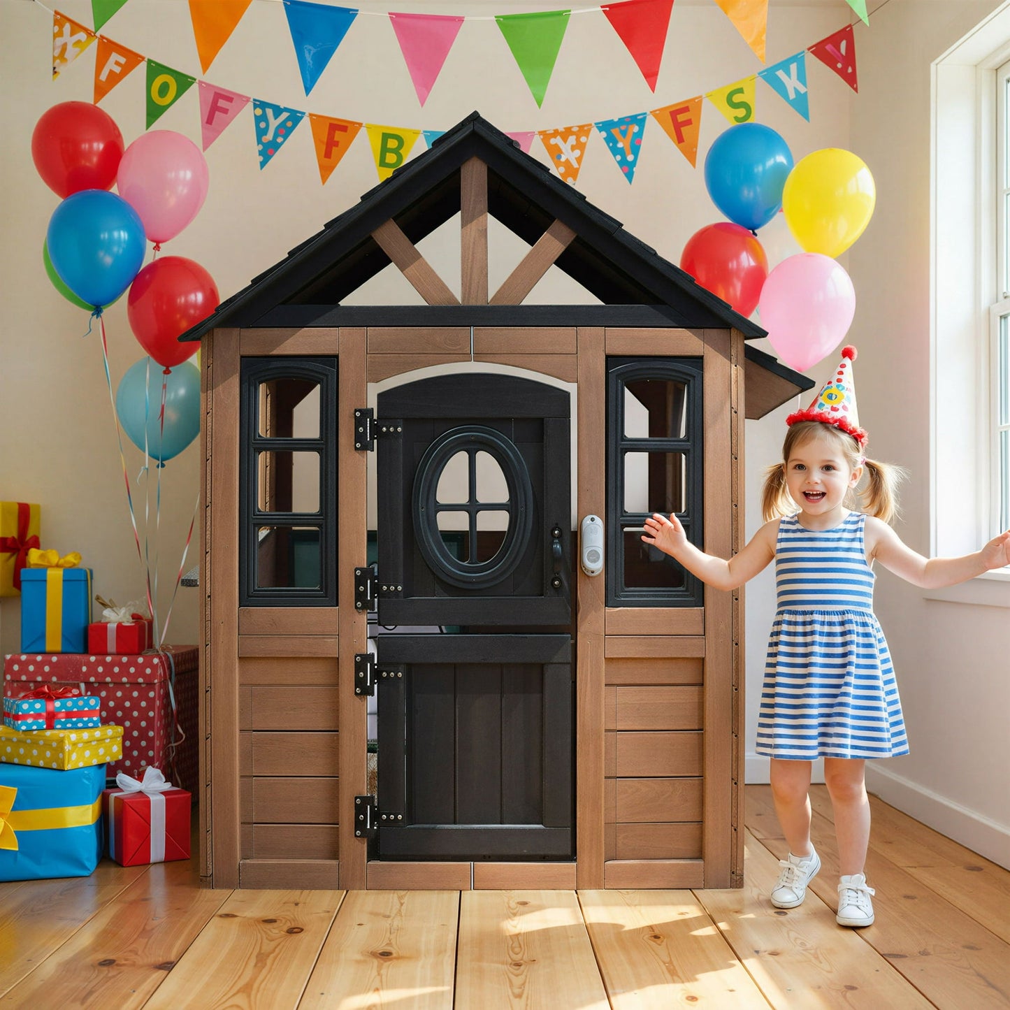 COCLUB Kids Outdoor Playhouse, Wooden Playhouse with Play Kitchen, Working Doorbell, Bird Cage, Pet Door, Backyard Casa de CampañA Para NiñOs Country Style